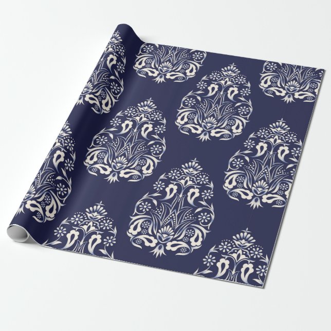Papel De Presente elemento de padrão uniforme damasco azul (Desenrolado)