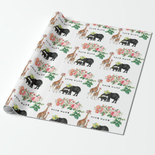 Papel De Presente Elephant & Giraffe Floral Nome Personalizado