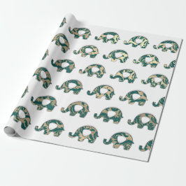 Papel De Presente Elephants White Oriental Champaigne Dourado