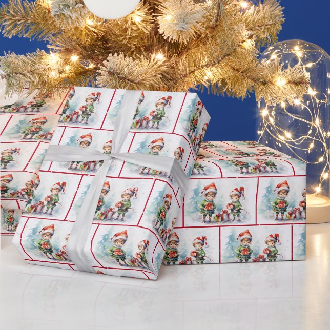 Papel De Presente Elfos de Natal em Aquarela em Flocos de Neve (Feriados)