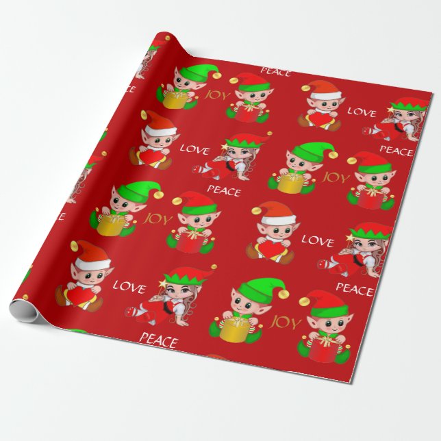 Papel De Presente Elfos de Natal Fofos em Vermelho (Desenrolado)