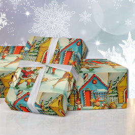 Papel De Presente Elfos Nostálgicos do Papai Noel no Polo Norte