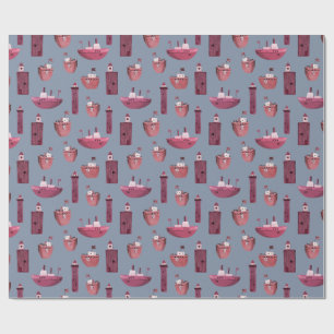 Papel De Presente Embarcações cor-de-rosa e farol de madeira azul-po