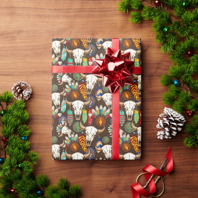 Papel De Presente Emblema Nativo Americano de Crânio de Búfalo (Presente de Natal)