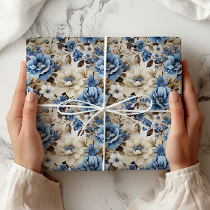 Papel De Presente Embrulho de Luxo Floral Azul Sofisticado em Marfim