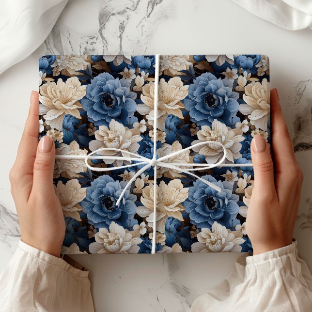 Papel De Presente Embrulho de Presente Floral Branco Azul Elegante (Stylish Blue White Floral Ivory Gift Wrapping Paper)