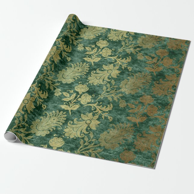 Papel De Presente Emerald Floral Velvet Damask (Desenrolado)