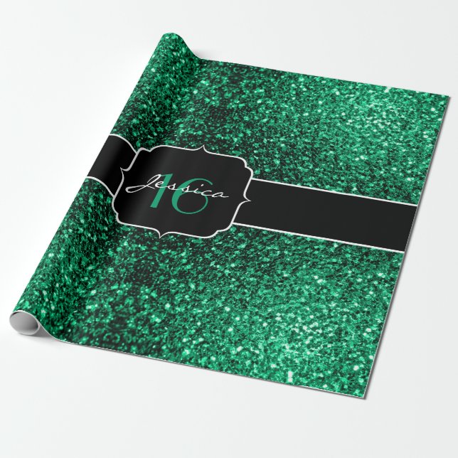 Papel De Presente Emerald Green faux glitter sparkles Sweet 16 (Desenrolado)