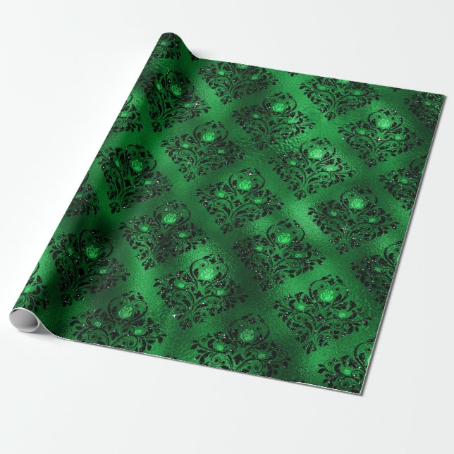 Papel De Presente Emerald Green Glam Damask Rosa Patterno (Desenrolado)