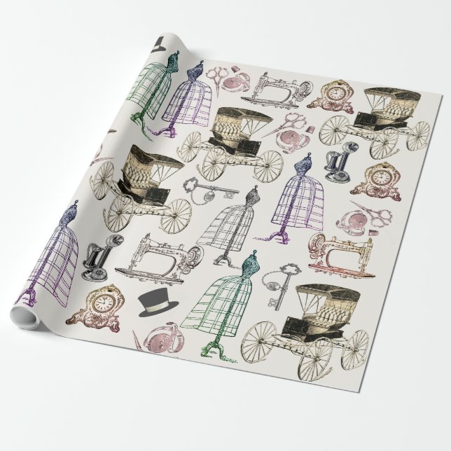Papel De Presente Encantador Padrão Antigo de Carroça Vintage Modern (Desenrolado)