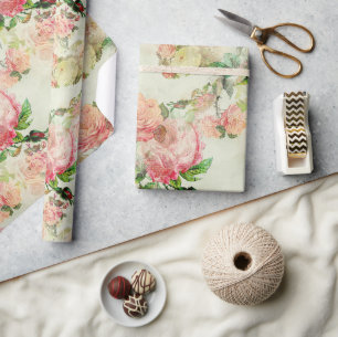 Papel De Presente Encantador Padrão Artístico de Rosas Florais Rosa 