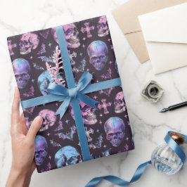 Papel De Presente Encantadores Morcegos e Cruzes de Caveiras Roxas