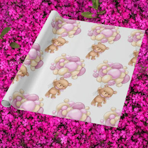 Papel De Presente Encantando Balão de Urso de Teddy, Cor de Água Ros