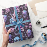 Papel De Presente Encantando Cascas Roxas e Cruzes<br><div class="desc">Transforme seus presentes em delícias estranhas com Encantando o papel de ondulação de crânios roxos e cruzes. Apresentando um design místico de crânios,  morcegos e cruzes sobre um fundo escuro,  perfeito para uma surpresa assustadora.</div>