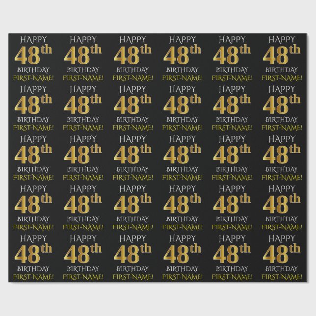 Papel De Presente Enegreça, ANIVERSÁRIO FELIZ Dourado do falso "48th (Aberto)