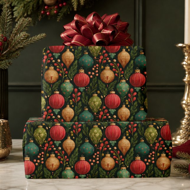 Papel De Presente Enfeite Colorido de Natal (elegant vintage colorful christmas tree baubles winter berries red green teal wrapping paper)