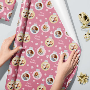 Papel De Presente Enfeite de Foto Rosa Elegante Natal Feliz
