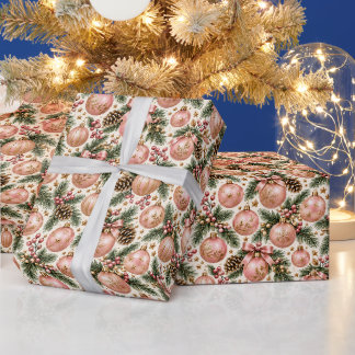 Papel De Presente Enfeite de Natal em Rosa Poente Dourado com Ramalh