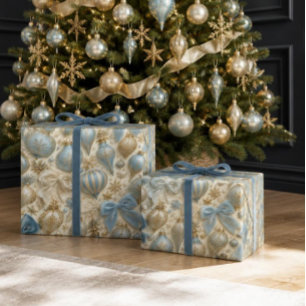 Papel De Presente Enfeite de Natal Luxuoso Vintage Azul Bebê e Doura