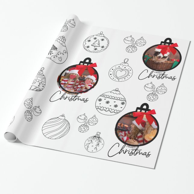 Papel De Presente Enfeite de Natal Preto e Branco com Foto (Desenrolado)