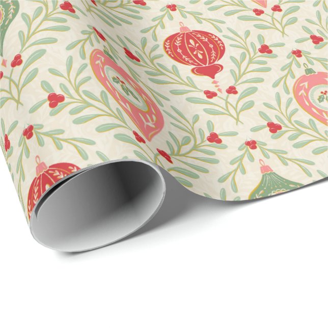 Papel De Presente Enfeite de Natal Retro Rosa, Vermelho, Verde em Pa (Ponta do rolo)