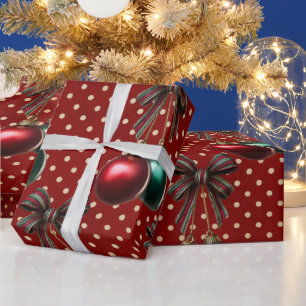 Papel De Presente Enfeite de Natal Vintage com Bolinhas Vermelho e V
