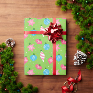 Papel De Presente Enfeites Azuis Rosa Verde Alegre Natal Brilhante
