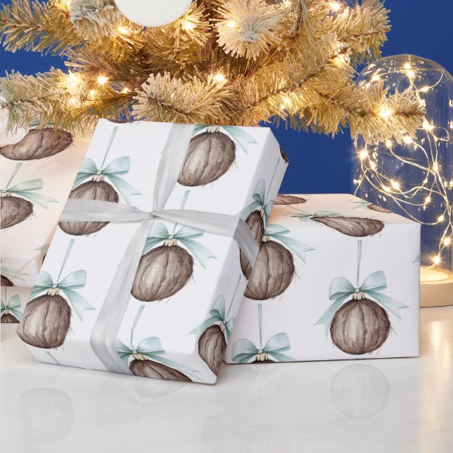 Papel De Presente Enfeites de Coco Azul Claro Laços Natal (Feriados)