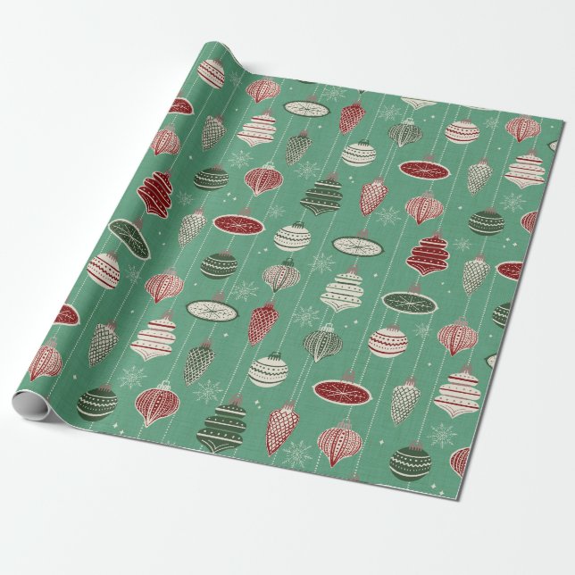 Papel De Presente Enfeites de Natal antigos em verde menta (Desenrolado)