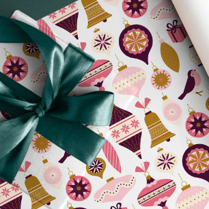 Papel De Presente Enfeites de Natal Antigos Rosa Roxo e Dourado