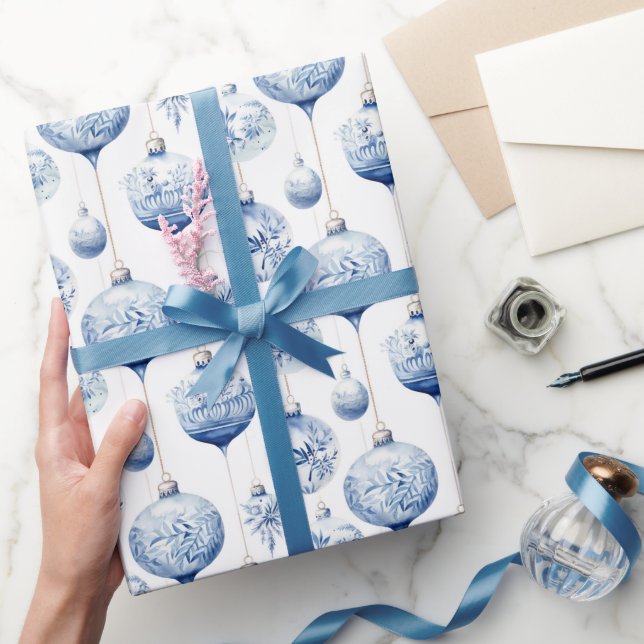 Papel De Presente Enfeites de natal Azuis e Brancos Chinoiserie (Presentear)