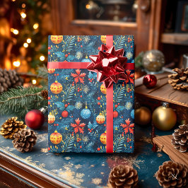 Papel De Presente Enfeites de Natal Azuis Festivos & Padrão de Folha