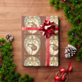 Papel De Presente Enfeites de Natal Bege e Vermelho Art Nouveau