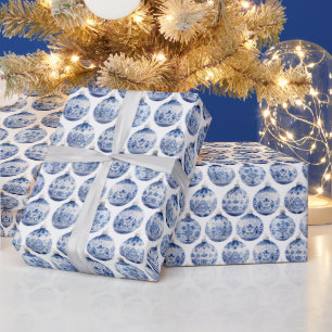 Papel De Presente Enfeites de natal brilhante azul e branco