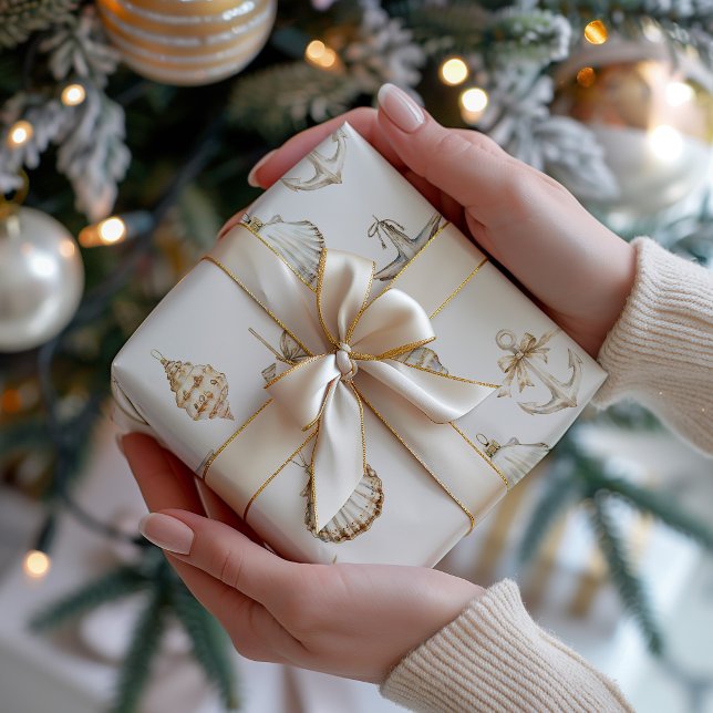 Papel De Presente Enfeites de Natal Conchas Costeiras (Seashell Ornaments Coastal Christmas Gift Wrap Paper)
