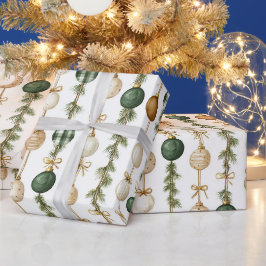 Papel De Presente Enfeites de Natal Creme Verde Dourado