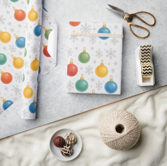 Papel De Presente Enfeites de natal de Aquarela e Flocos de Neve - (Artesanato)