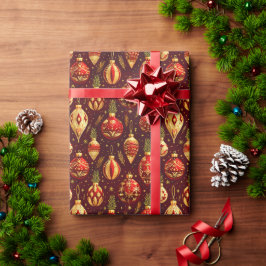 Papel De Presente Enfeites de Natal Dourados Ramos de Pinheiro