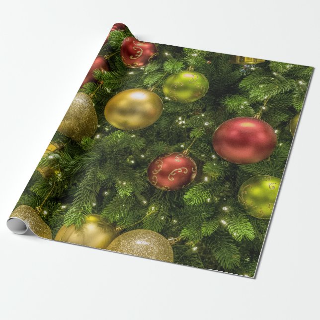 Papel De Presente Enfeites de natal Dourados, vermelho e verde (Desenrolado)