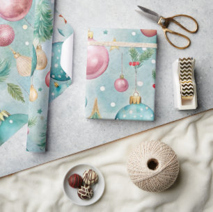 Papel De Presente Enfeites de natal e árvores coloridas