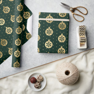 Papel De Presente Enfeites de Natal Elegantes em Verde e Dourado com