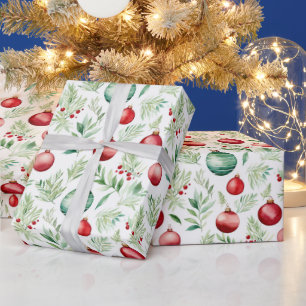 Papel De Presente Enfeites de Natal em aquarela e visco