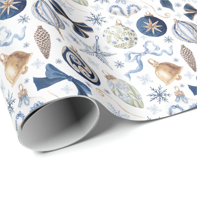 Papel De Presente Enfeites de Natal em Azul Aquarela (Ponta do rolo)