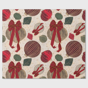 Papel De Presente Enfeites de Natal em Creme Vintage e Laços Vermelh