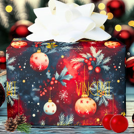 Papel De Presente Enfeites de Natal em Ouro Vermelho em Padrão Azul 