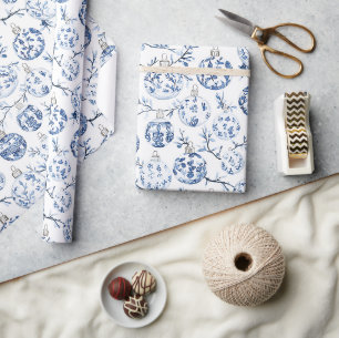 Papel De Presente Enfeites de natal Florais Chic Branco Azul