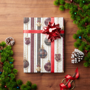 Papel De Presente Enfeites de Natal Listras Creme Borgonha