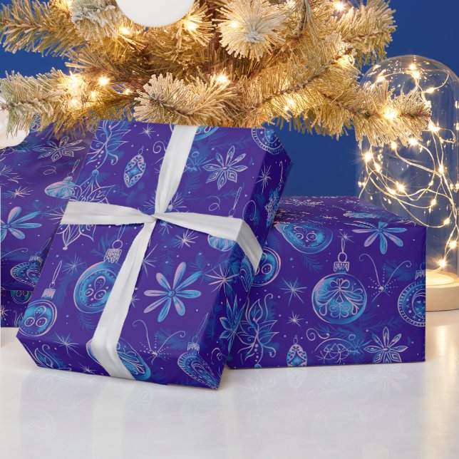 Papel De Presente Enfeites de natal Luzes Azul Floral Natal (Feriados)