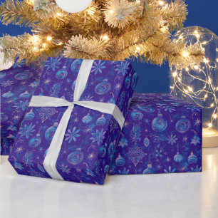 Papel De Presente Enfeites de natal Luzes Azul Floral Natal