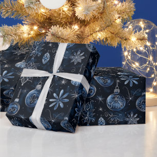 Papel De Presente Enfeites de Natal Luzes Floral Azul Natal
